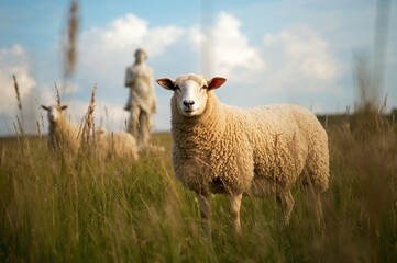 Fototapeta premium One out of every three sheep grazes near a light-colored sculpture on a lush meadow