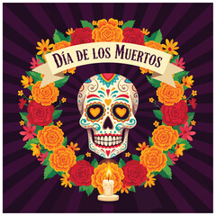 Flat style illustration of a colorful sugar skull with floral wreath and candle for Día de los Muertos, representing Mexican culture, remembrance, and festive holiday traditions