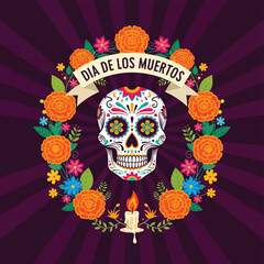 Flat style illustration of a colorful sugar skull with floral wreath and candle for Día de los Muertos, representing Mexican culture, remembrance, and festive holiday traditions