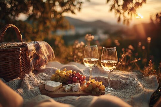A romantic sunset picnic for two, with glasses of wine, cheese, grapes and a cozy blanket.