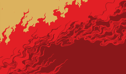 Hand drawn brush lines Japanese inspired fire background with flowing red flames and gold smoke. Traditional ukiyo-e style line art creating dynamic heat and energy movement.