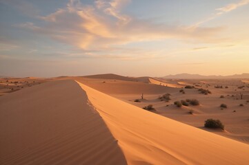 A peaceful sandy expanse glowing in the gentle light of sunset, highlighted by rolling dunes and sparse desert vegetation under a colorful sky.