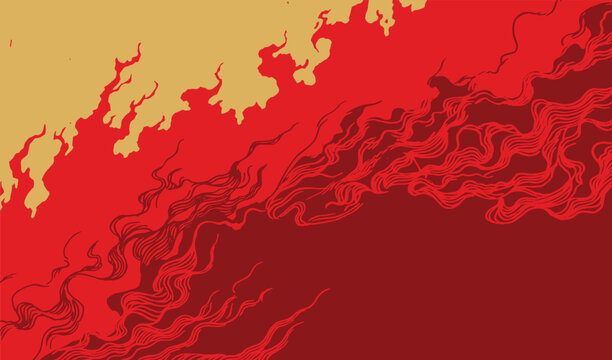 Hand drawn brush lines Japanese inspired fire background with flowing red flames and gold smoke. Traditional ukiyo-e style line art creating dynamic heat and energy movement.