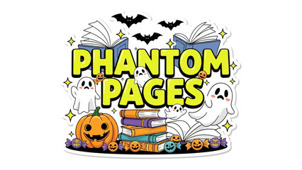 Phantom Pages: A whimsical Halloween design featuring Phantom Pages in bold letters, a stack of books, ghosts, a jack-o'-lantern, and bats, exuding a playful, spooky vibe. 