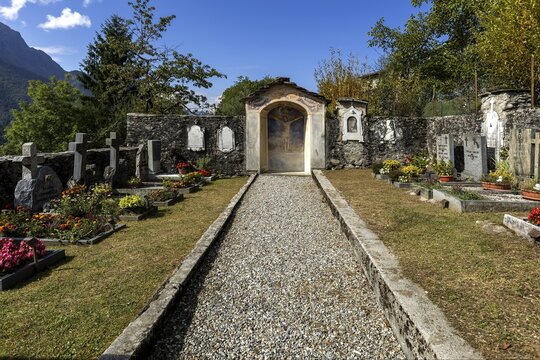 Cemetery in the mountain village of Rasa, Centovalli, Canton Ticino, Switzerland
