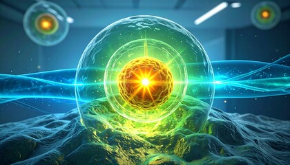 Glowing Cell Structure Illustration with Energy and Light Science Concept.