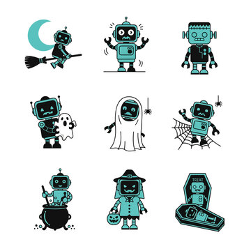 Cute robots celebrating Halloween in various costumes and spooky scenes.