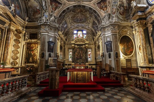 Church Santuario della SS Pietà, interior view, altar area, Cannobio, Lago Maggiore, Province of Verbano-Cusio-Ossola, Piedmont region, Italy