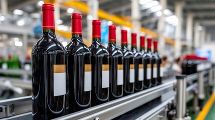 Wine bottles moving on a bottling factory conveyor belt