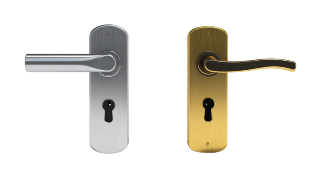 Door handle and keyhole bundle, two variations isolated on transparent background