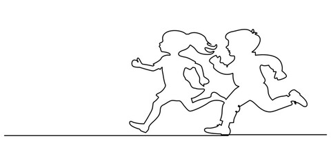 Running girl in continuous line art drawing style. Front view of running female child in a dress. Black linear sketch isolated on white background. Vector illustration