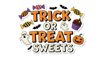 Halloween Sweet Delights: A festive arrangement of Halloween-themed treats, perfect for the holiday season. Featuring candy, bats, ghosts, a cupcake and a pumpkin.