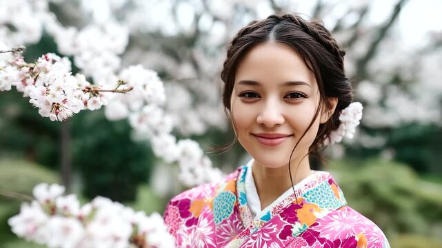 Beautiful woman in traditional kimono enjoying cherry blossoms, Japanese hanami culture in spring traditional kimono woman, hanami celebration Japan, cherry blossom beauty, Japane