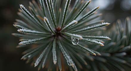 Fototapeta premium Frozen Pine Branch with Water Droplets Close Up Macro Winter Frost