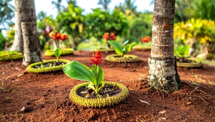 Tropical Garden Display Red Ginger Flowers in Circular Planters with Palm Trees.