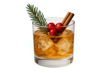 Whiskey cocktail with cranberry, cinnamon, pine, ice on transparent