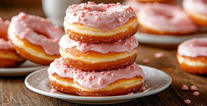 Stack of donuts with pink frosting for sweet indulgence