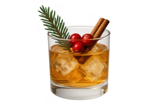 Whiskey cocktail with cranberry, cinnamon, pine, ice on transparent