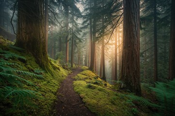 Obraz premium Lush forest trail featuring moss, sword ferns, cedar, and fir trees