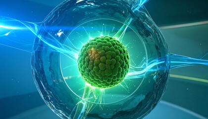 Vibrant green cell structure with glowing blue energy streams in a transparent fluid sphere microscopic biology concept.