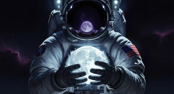 Astronaut holding a luminous moon in deep space