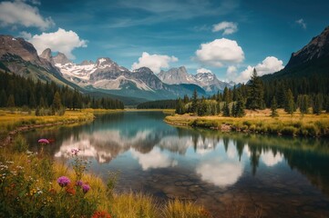 Fototapeta premium Beautiful natural scenery featuring hills, a flowing river, and a peaceful lake