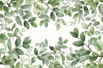 Continuous green foliage design with eucalyptus branches and leaves for a spring frame. Classic botanical illustration.