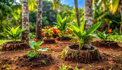 Vibrant Green Plants Growing in Repurposed Tree Stumps in Tropical Garden.