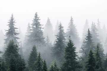 Fototapeta premium Continuous design featuring misty conifer woods. Pine trees set against a white backdrop.