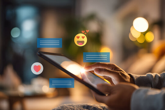 Person chatting on tablet with social media icons and digital emojis.
