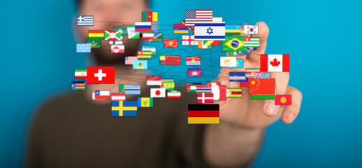 Conceptual image of a hand connecting various flags of the world, symbolizing global networking, communication, and the idea of unity. Illustrat