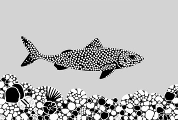 Stylized black and white dotted illustration of a fish swimming above corals, symbolizing marine life and ocean beauty. Modern minimal underwater art