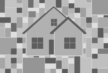An abstract geometric illustration in grayscale featuring a house silhouette against a background of geometric shapes, creating a modern mosaic style.