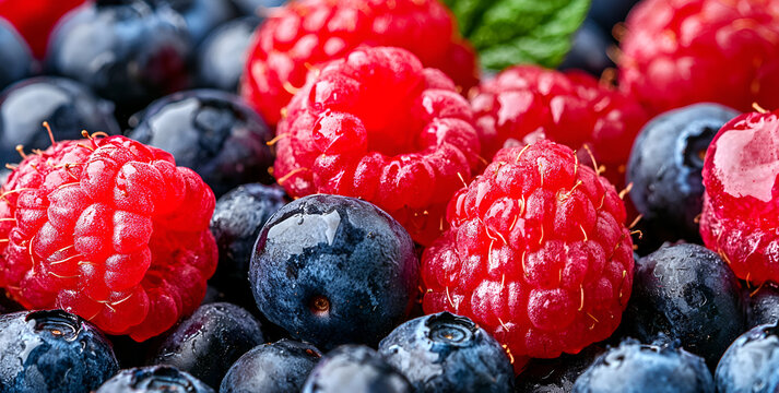 Fresh raspberries and blueberries close up, summer harvest