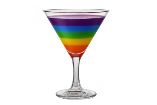 Rainbow layered cocktail drink in martini glass