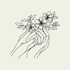 line drawing of hands holding blooming flowers, minimalist abstract vector