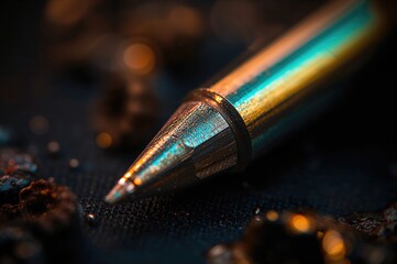 Close-up of a metal screwdriver tip with a screw, showcasing precision tools
