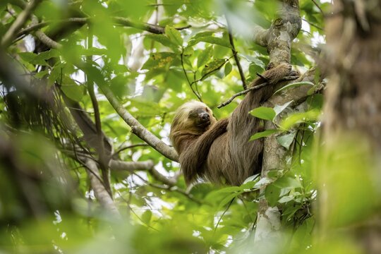 Hoffmann's two-fingered sloth (Choloepus hoffmanni) sleeping on a branch, Cahuita National Park, Costa Rica