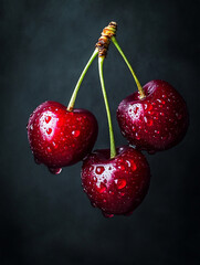 A dramatic macro close-up of a cluster of dark red cherries, glistening with clear water droplets against a moody, dark background.
