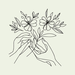 line drawing of hands holding blooming flowers, minimalist abstract vector