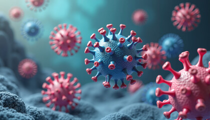 Coronavirus particles in fluid, realistic 3D medical rendering