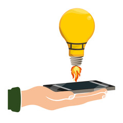 Hand holding mobile with light bulb jetpack vector illustration design isolated