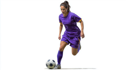 Pro Female Soccer Player in Purple Kit Dribbling Ball - Isolated Action Shot