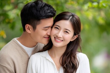 Fototapeta premium Young asian couple sharing intimate moment outdoors