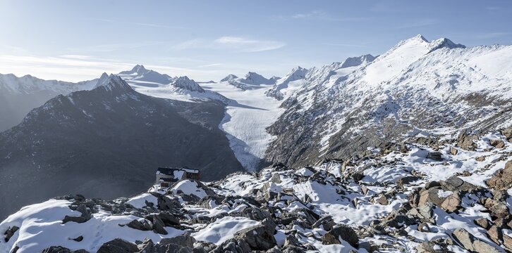 Mountain panorama and glacier, in autumn with snow, view of Gurgler Ferner with summit Hochwilde and Falschungsspitze, in the morning light, &Ouml;tztal Alps, Tyrol, Austria