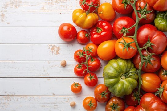 Creative Display of Multiple Vibrant Tomatoes Just Harvested from the Garden on a Vintage White Wooden Surface, Viewed from a Side Top Perspective. Prepared for Culinary Use, Cutting, Preserving, or