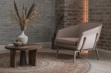 Wooden stool holding a vase on a circular patterned rug in a cozy space featuring a grey armchair and exposed brick wall