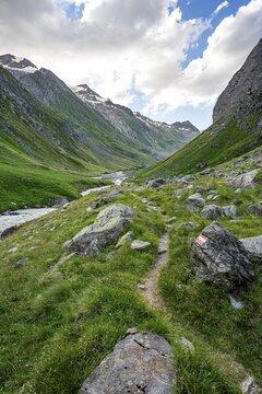 Hiking trail in the Umbaltal valley with Isel mountain stream, glaciated mountain peaks behind, Venediger Group, Hohe Tauern National Park, East Tyrol, Tyrol, Austria
