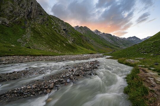Umbaltal valley with Isel mountain stream at sunset, Venediger Group, Hohe Tauern National Park, East Tyrol, Tyrol, Austria