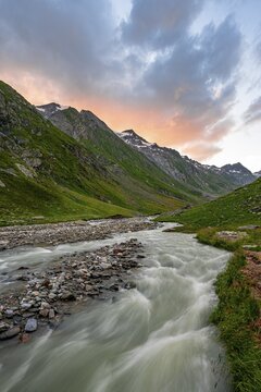 Umbaltal valley with Isel mountain stream at sunset, Venediger Group, Hohe Tauern National Park, East Tyrol, Tyrol, Austria
